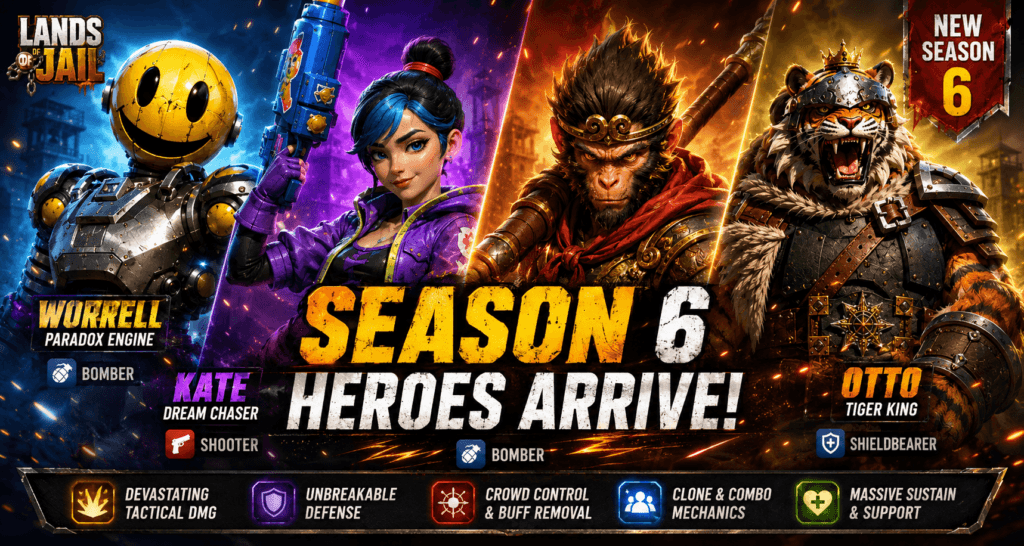 Lands of Jail Season 6 heroes featuring Wukong, Otto Tiger King, Kate Dream Chaser and Worrell Paradox Engine with meta analysis and skill breakdown